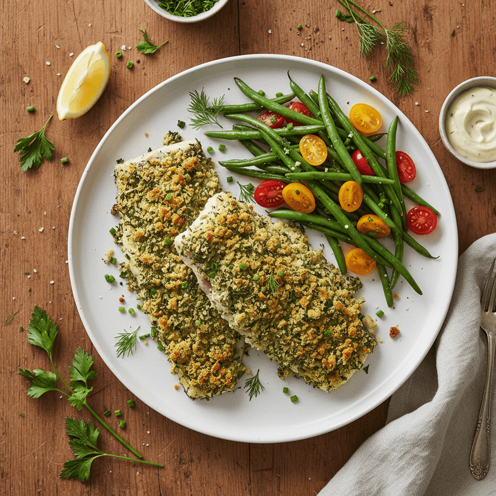 Loup de mer en croûte d'herbes au four