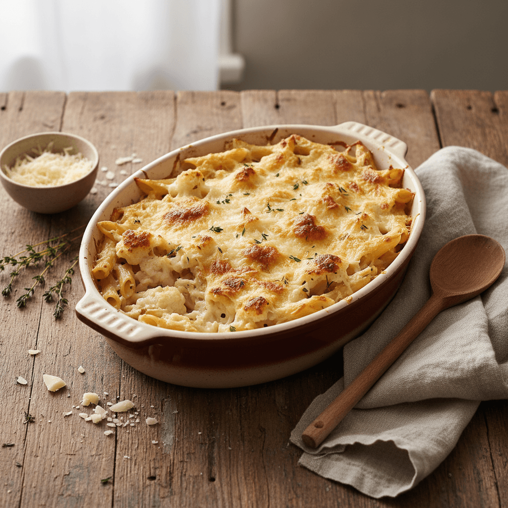 Baked Pasta with Cauliflower, Creamy Sauce and Cheese