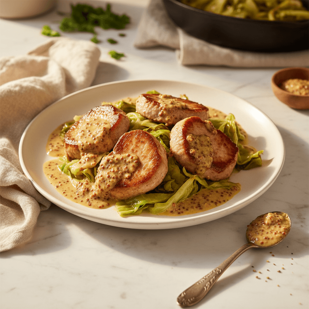 Poelee de filet de porc au chou vert et moutarde a l'ancienne