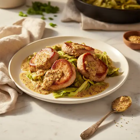 Poelee de filet de porc au chou vert et moutarde a l'ancienne