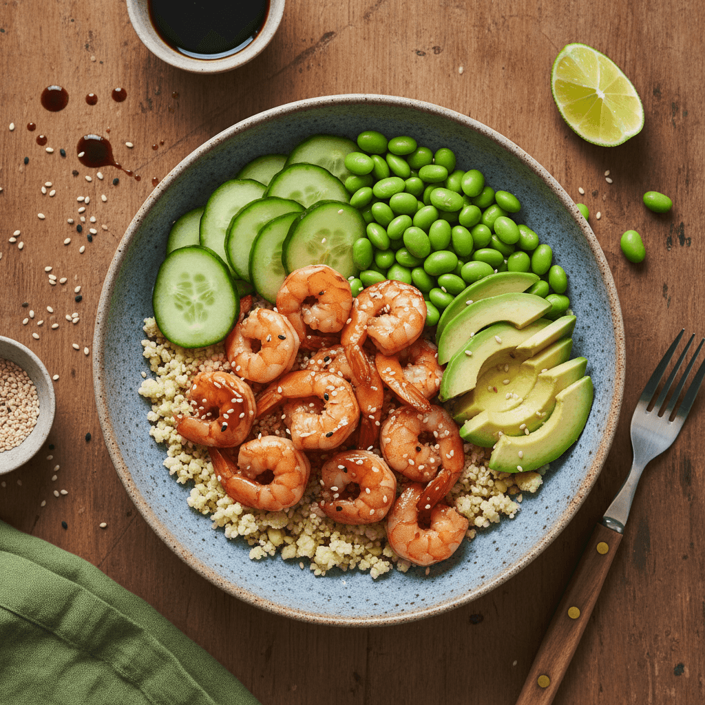 Poké bowl de crevettes sur lit de chou-fleur