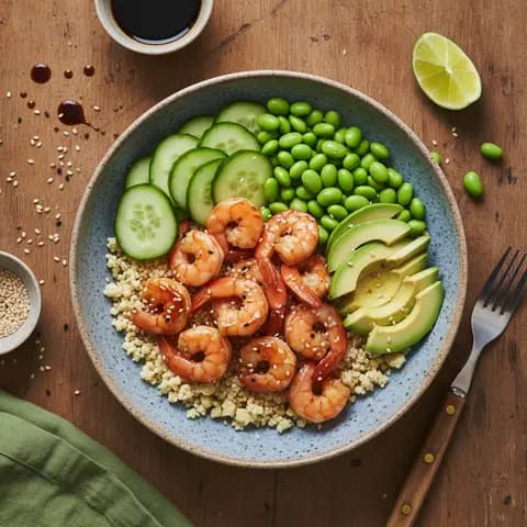 Poké bowl de crevettes sur lit de chou-fleur