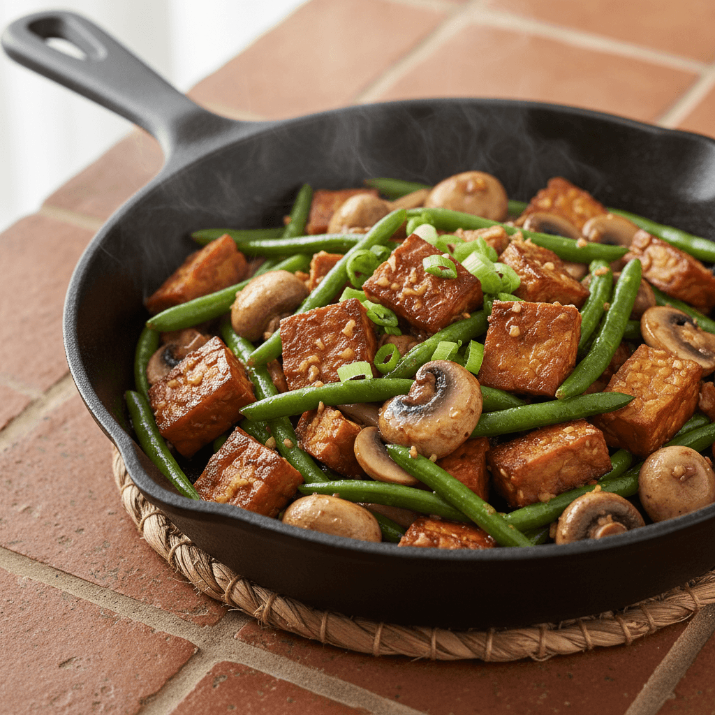 Poêlée de tempeh aux champignons et haricots verts