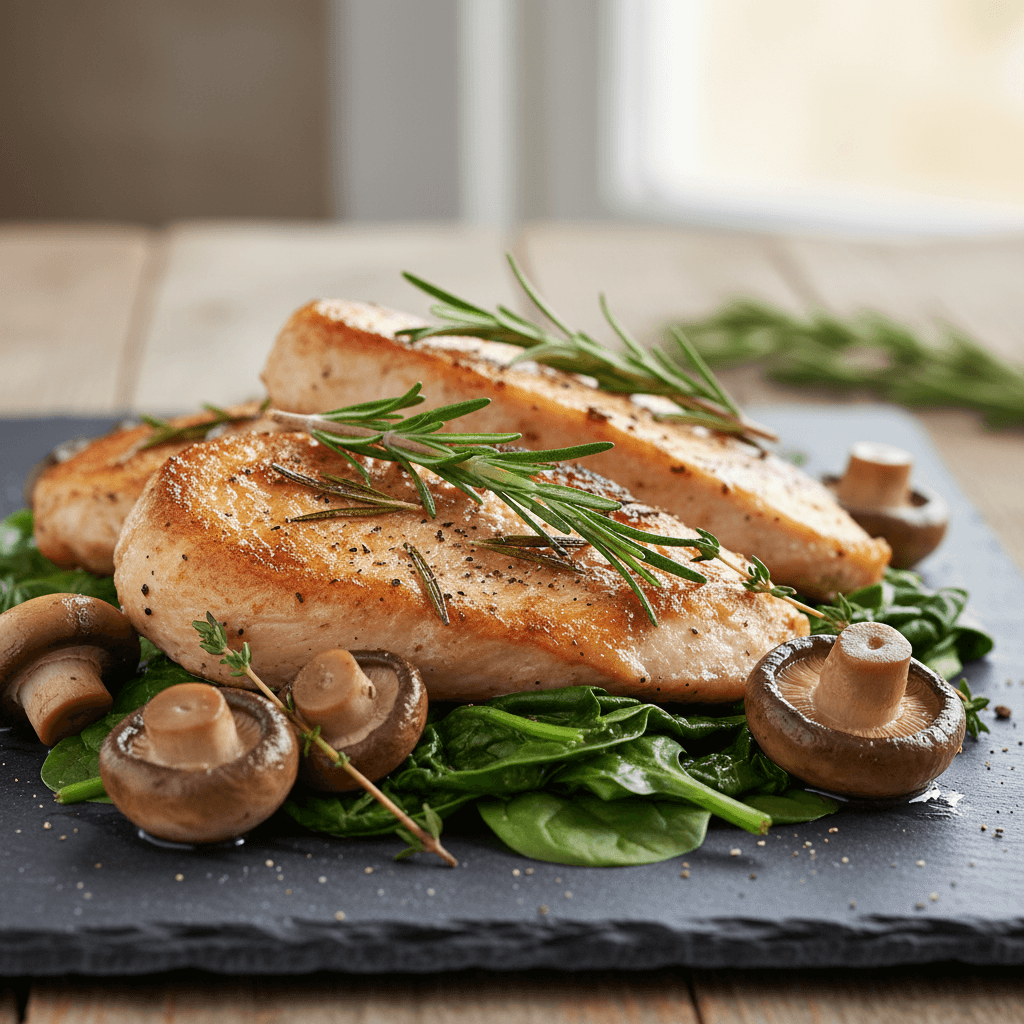 Dinde rôtie au romarin, champignons et épinards