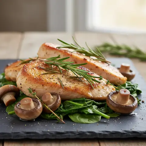 Dinde rôtie au romarin, champignons et épinards