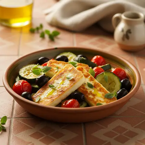 Bowl méditerranéen au halloumi et légumes rôtis