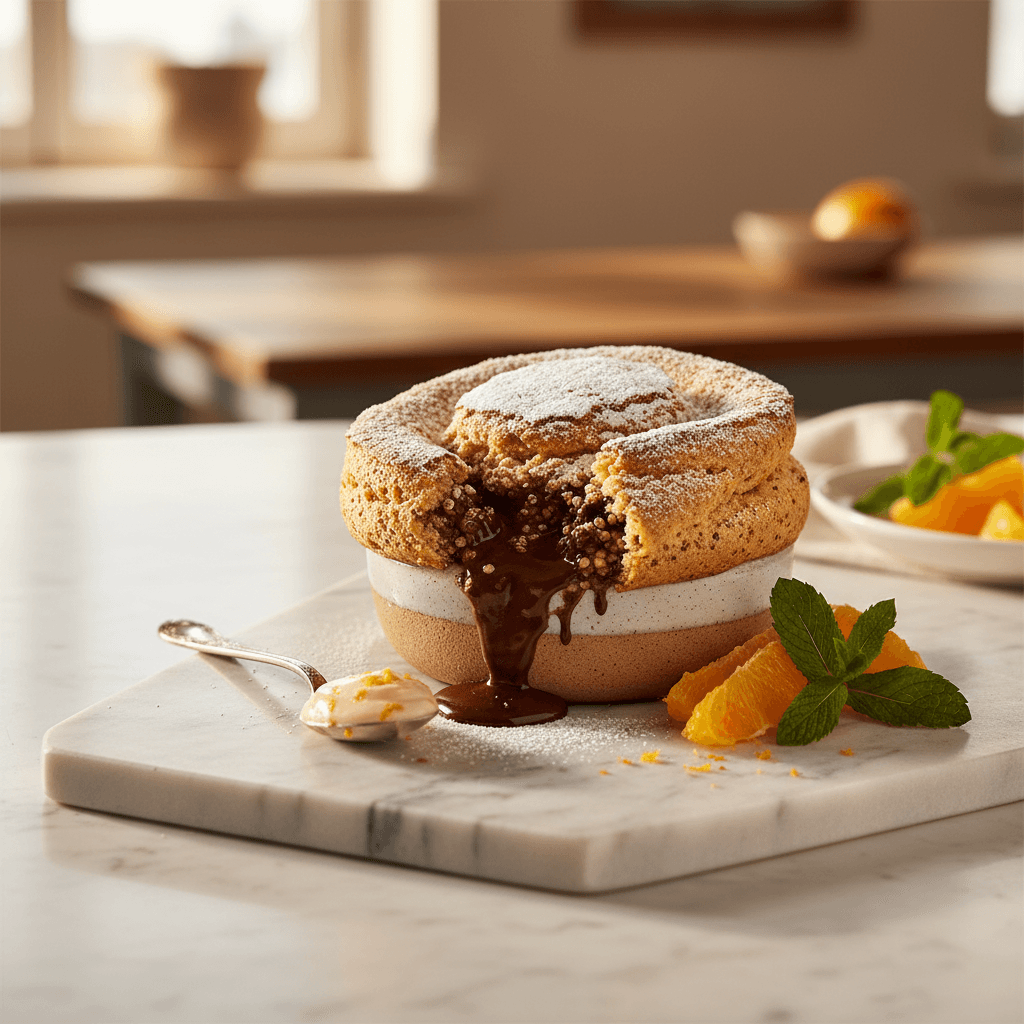Soufflé au Chocolat et Quinoa avec Émulsion d'Orange