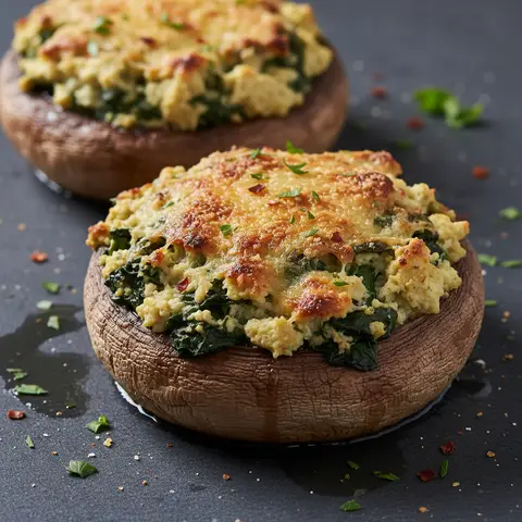 Champignons farcis au tofu et épinards gratinés