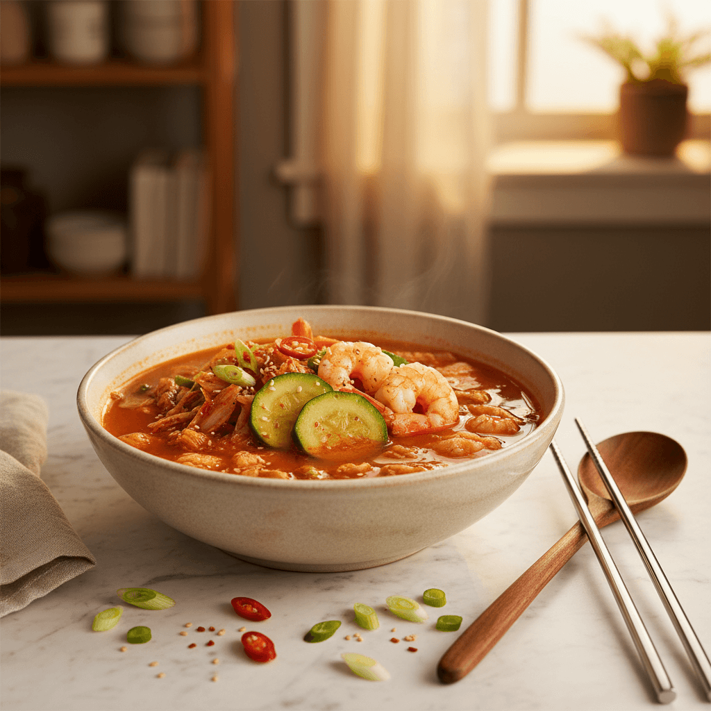 Soupe coréenne de crevettes au kimchi