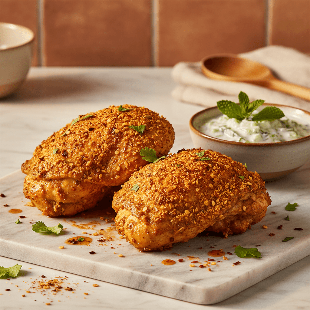 Poulet tandoori en croûte d'épices, raïta de concombre