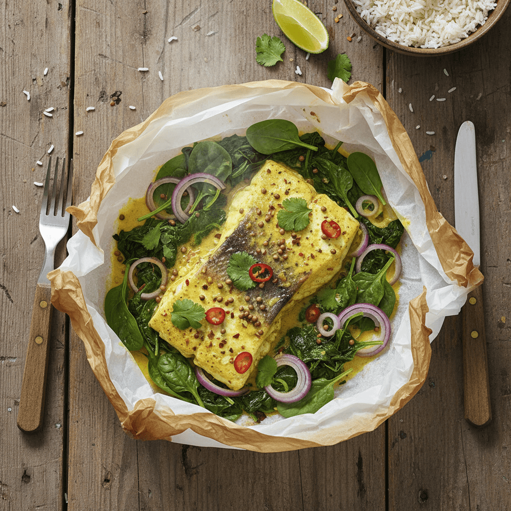 Papillote de lieu noir au curry et épinards
