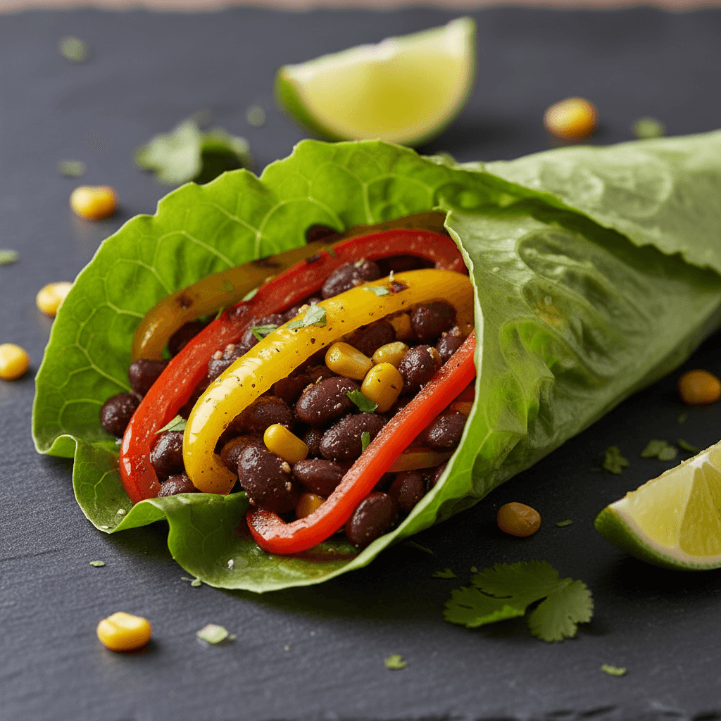 Wrap de laitue aux haricots noirs épicés et poivrons grillés