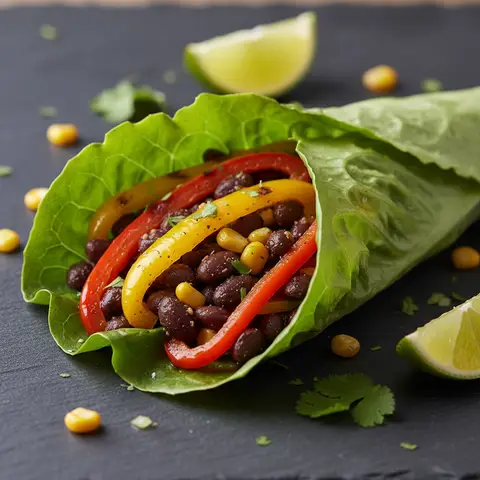 Wrap de laitue aux haricots noirs épicés et poivrons grillés