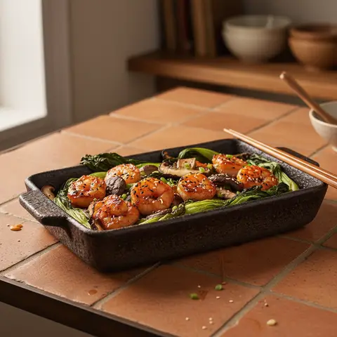 Crevettes teriyaki au four et pak choï