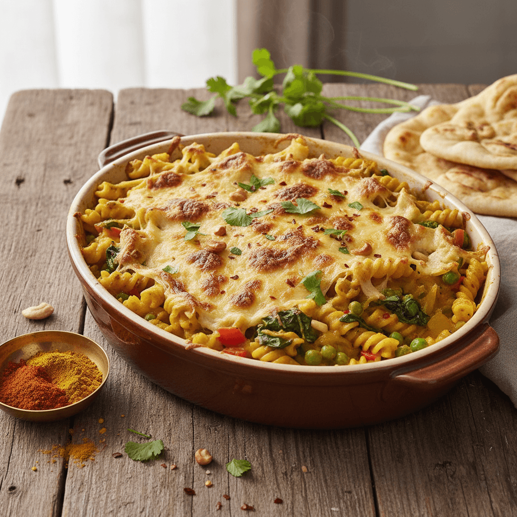 Überbackene Nudeln mit Curry und Gruyère