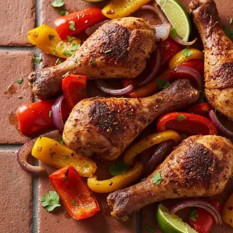 Pilons de poulet tex-mex, poivrons et oignons rôtis