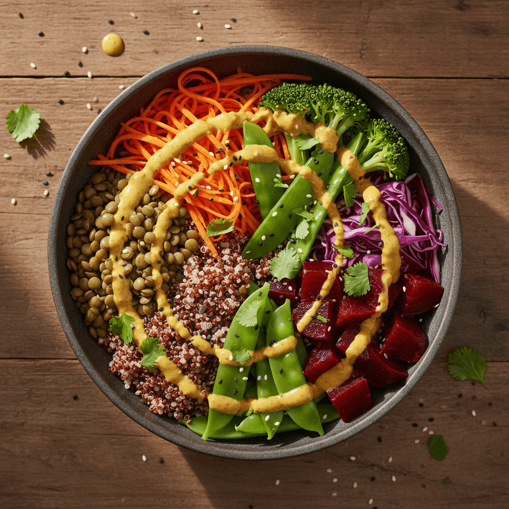 Asian Buddha Bowl with Lentils, Quinoa, Marinated Beets and Mustard-Ginger Sauce