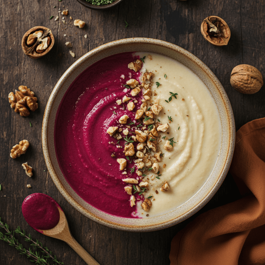 Cauliflower and Beet Soup with Walnuts