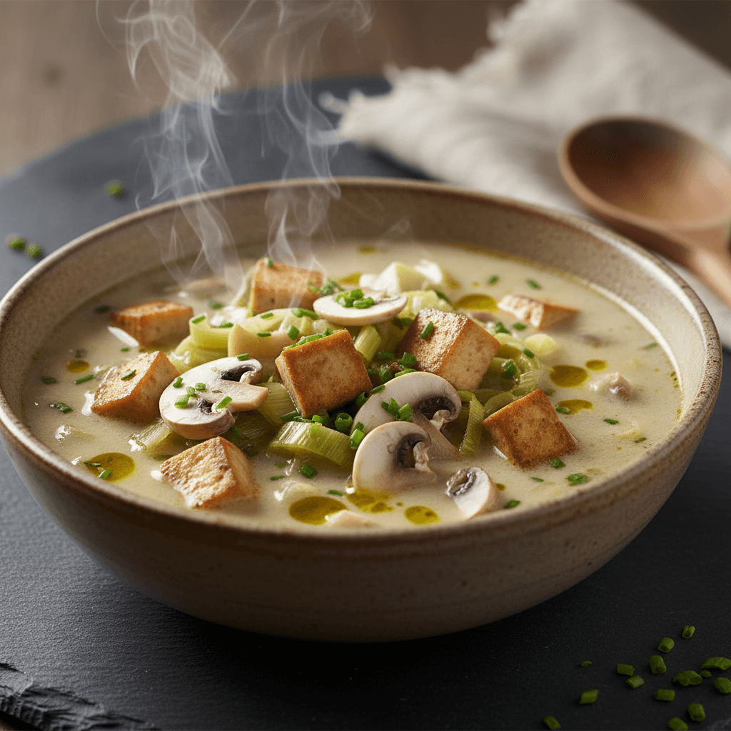 Soupe au tofu fumé, poireaux et champignons