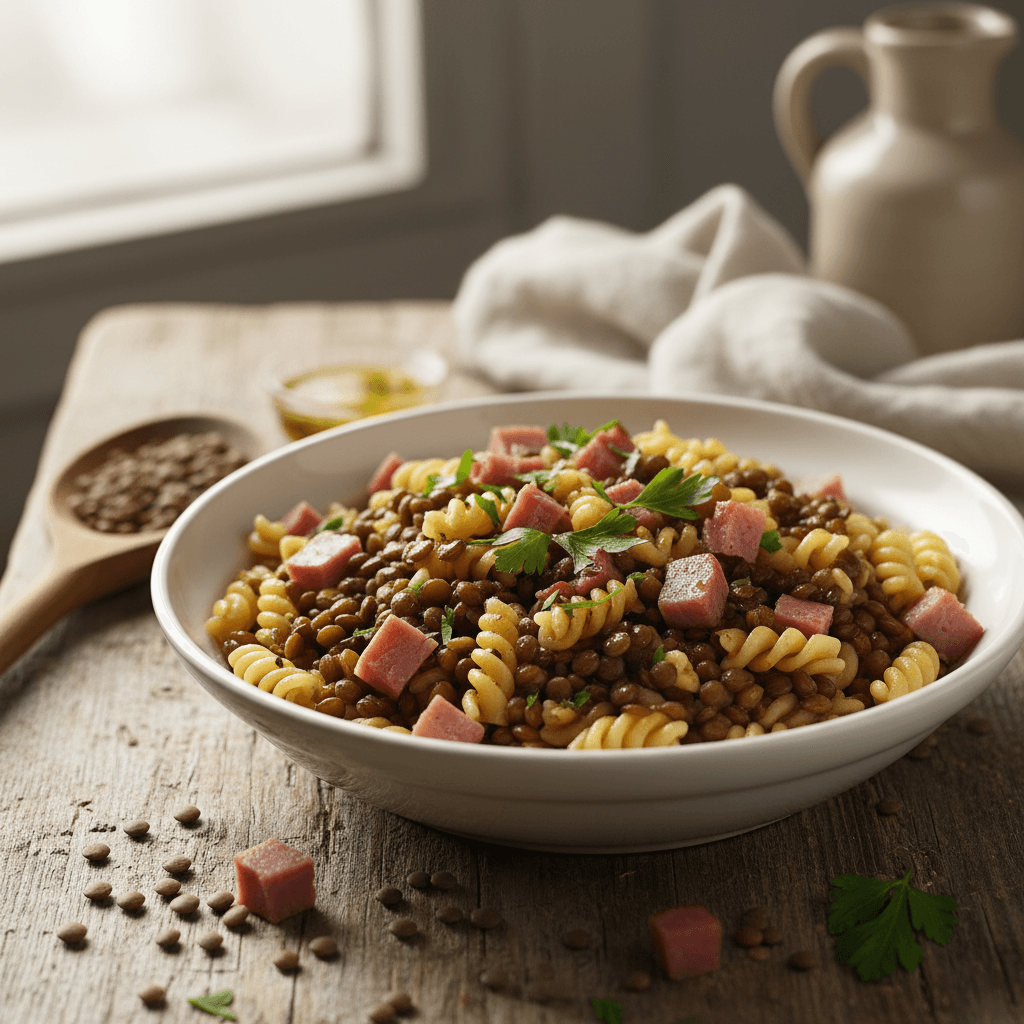 Pasta mit Linsen und Schinken