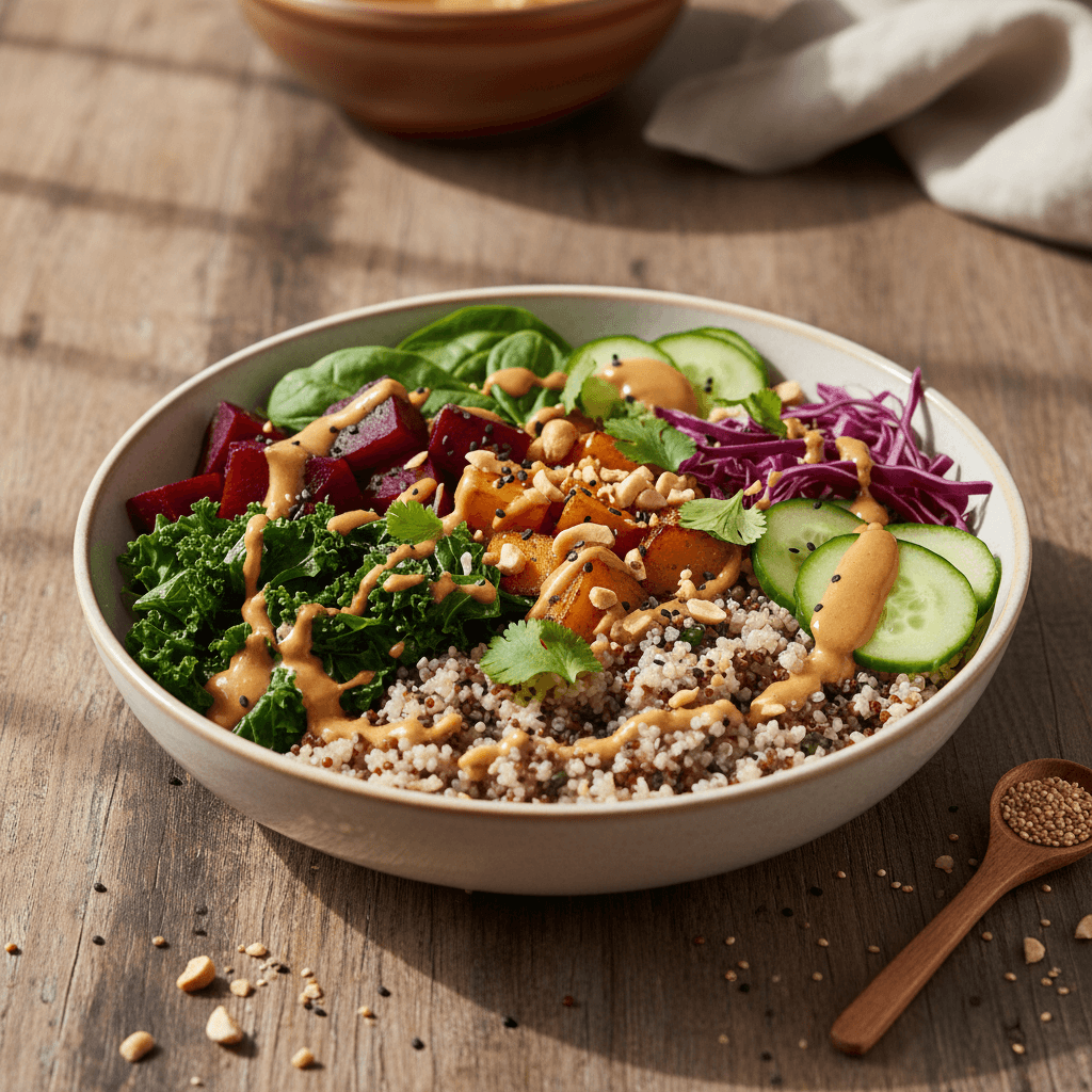 Asian Buddha Bowl: Quinoa, Beets, and Peanut Sauce