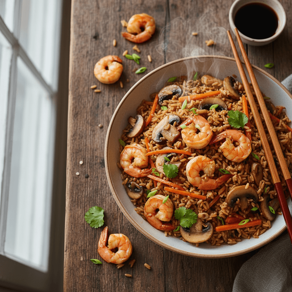 Gebratener Reis mit Garnelen und Pilzen