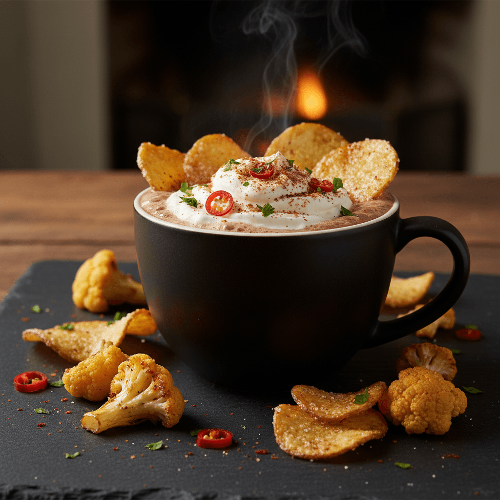Chocolat Chaud Épicé aux Pommes de Terre Caramélisées et Croûtons de Chou-fleur