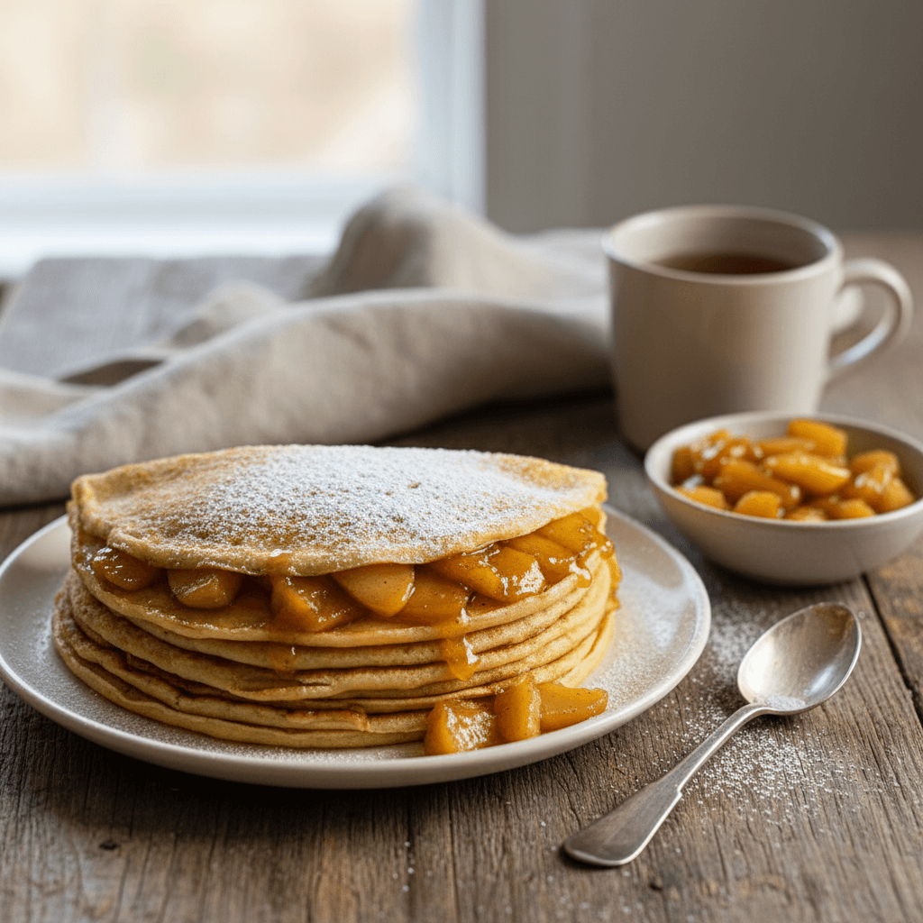 Süße Crêpes mit Äpfeln und Zucker