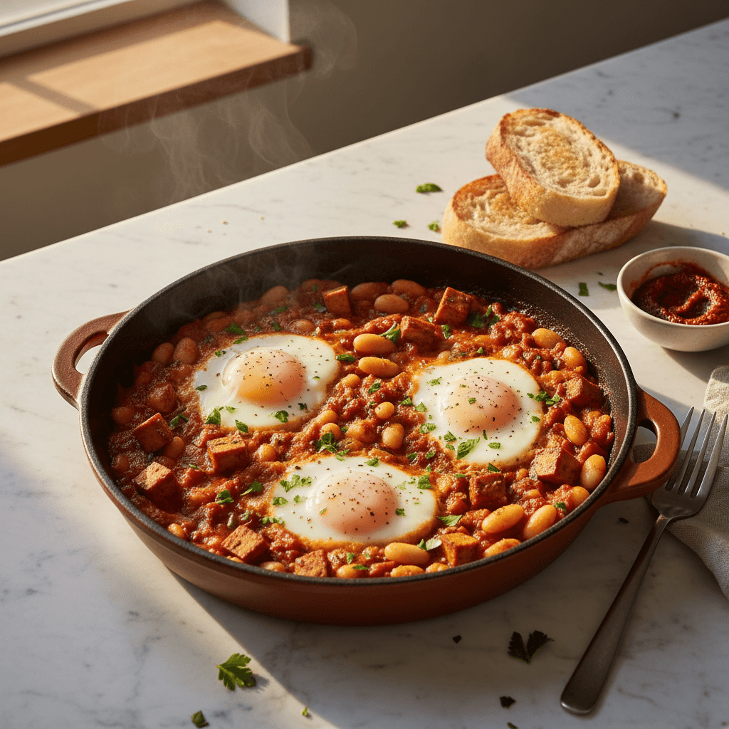 Shakshuka aux haricots blancs et tofu fumé