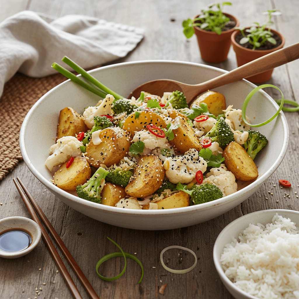 Asian Vegetable Stir-Fry with Crispy Potatoes