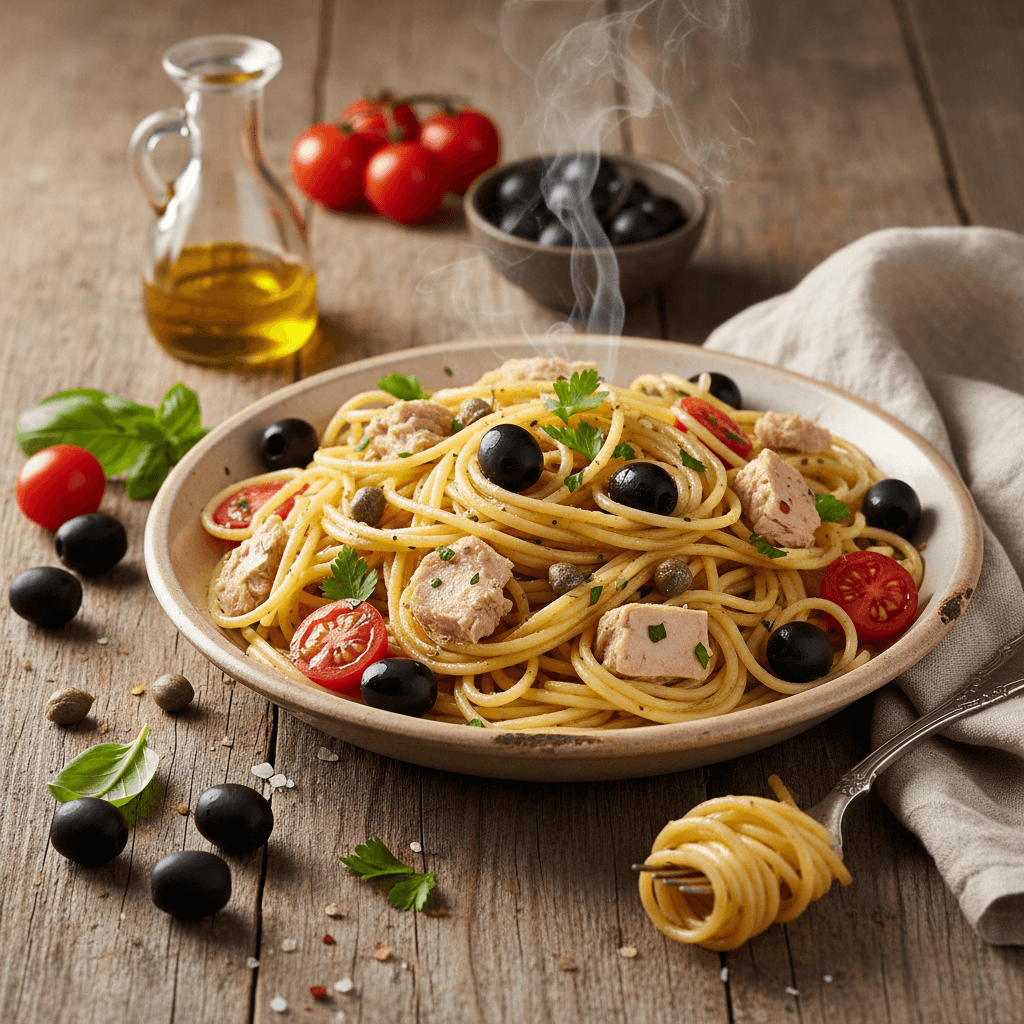 Spaghetti mit Oliven und Thunfisch