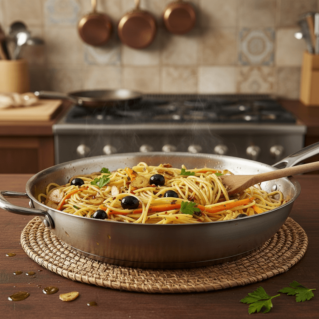 Spaghettis aglio e olio aux olives