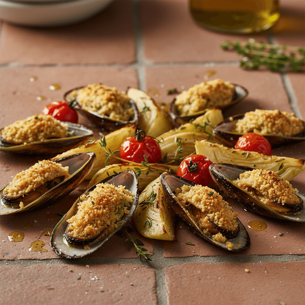 Moules gratinées à la provençale et fenouil