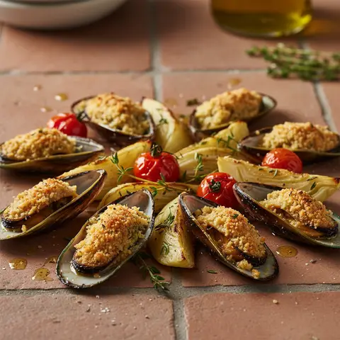 Moules gratinées à la provençale et fenouil