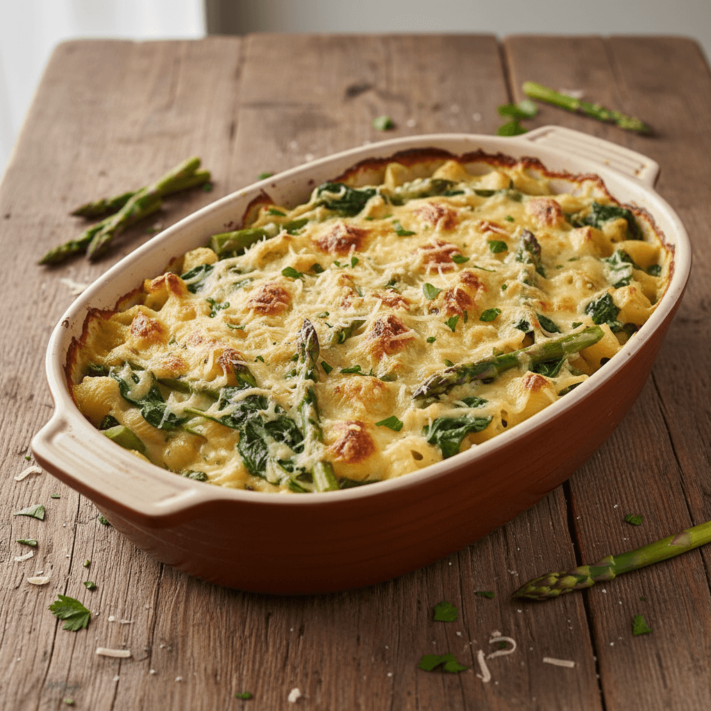 Asparagus and Spinach Pasta Gratin with Cheese