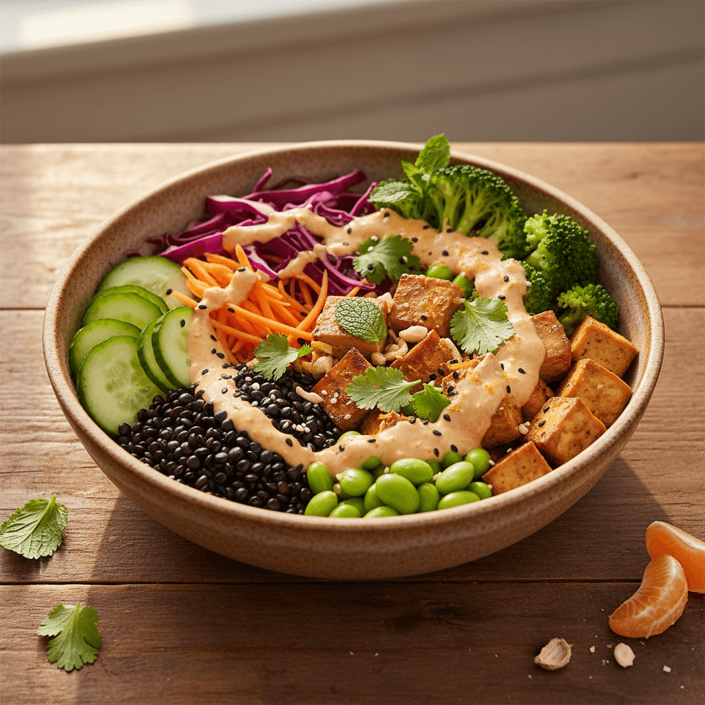 Asian Buddha Bowl with Black Lentils and Peanut-Clementine Sauce