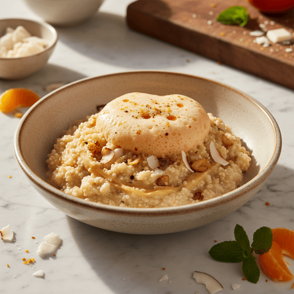 Risotto Asiatique Quinoa-Chou-fleur au Chocolat Blanc et Écume d'Orange
