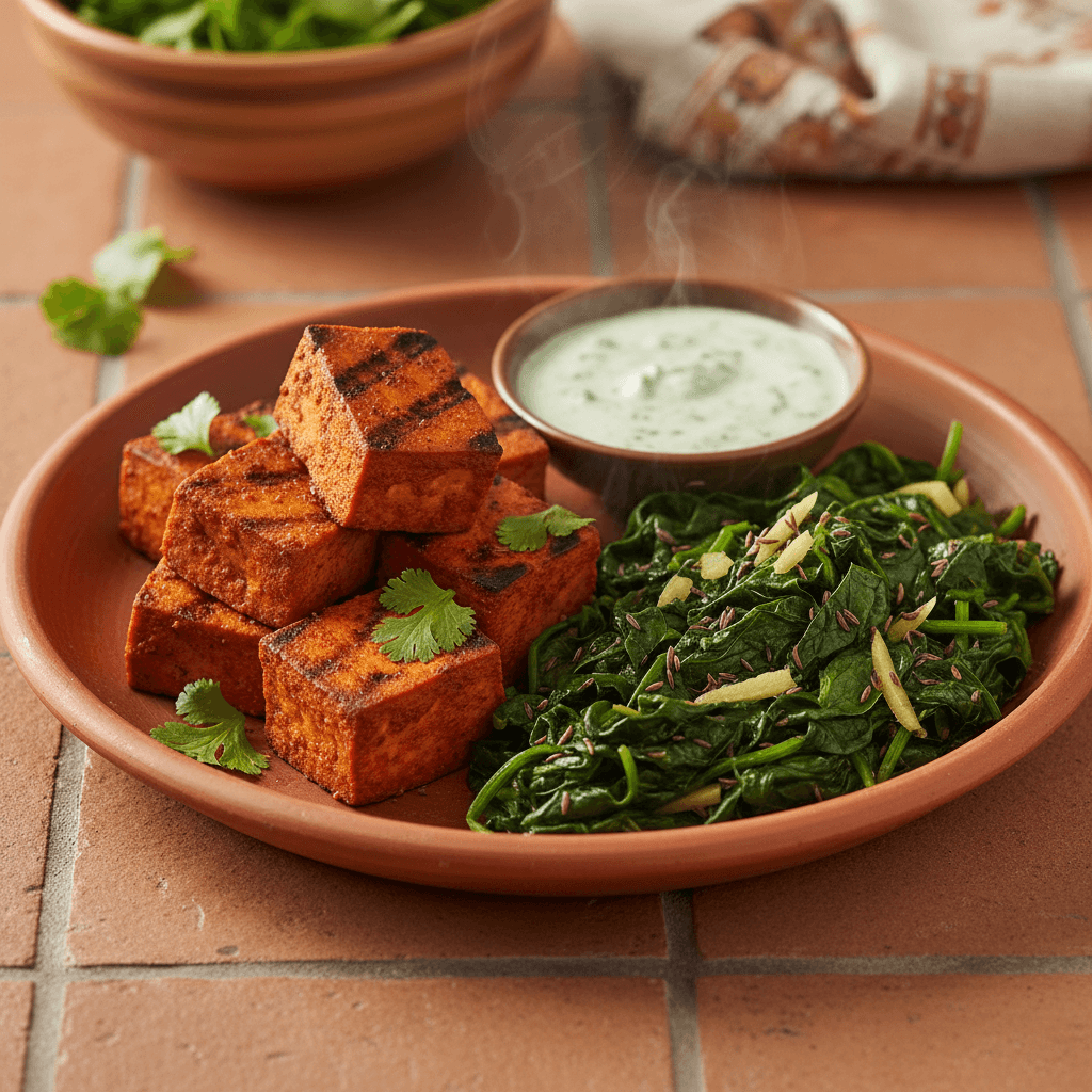 Tofu grillé tandoori et épinards au cumin