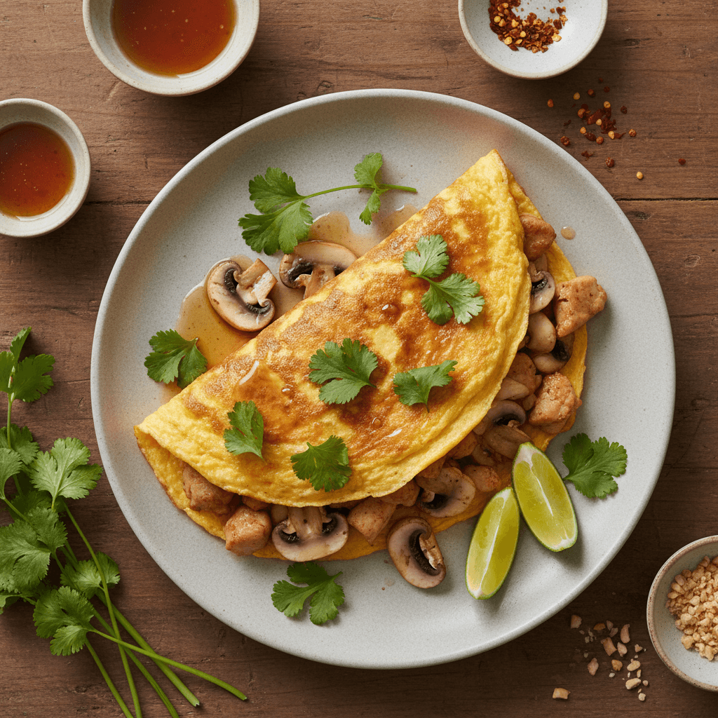 Omelette thaï au poulet, champignons et coriandre