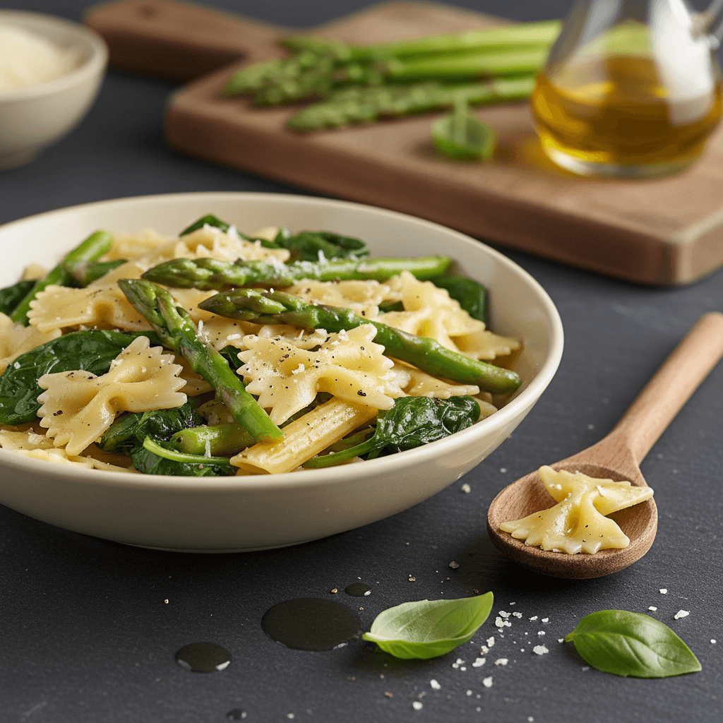 Pâtes simples asperges-épinards à l'huile d'olive