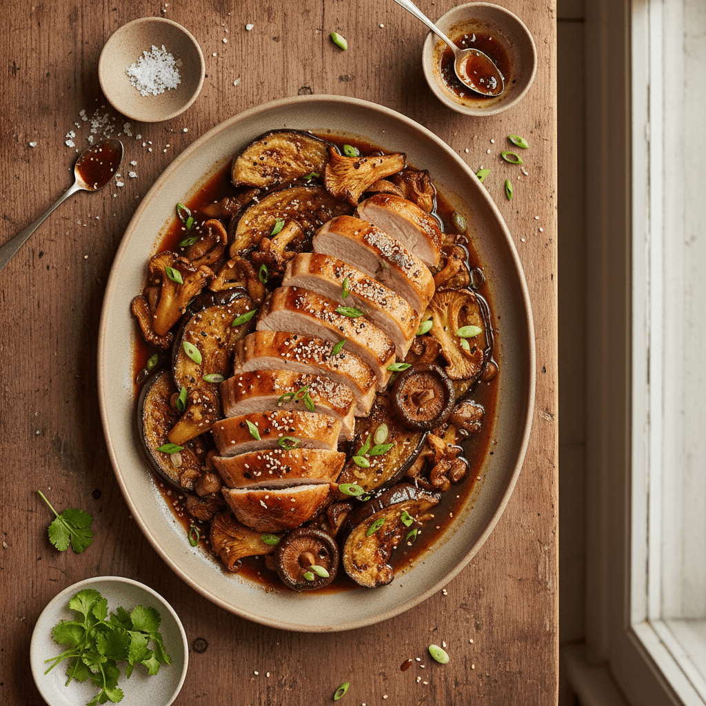 Dinde rôtie au miso, aubergine et champignons