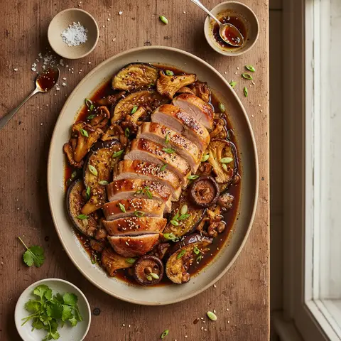 Dinde rôtie au miso, aubergine et champignons