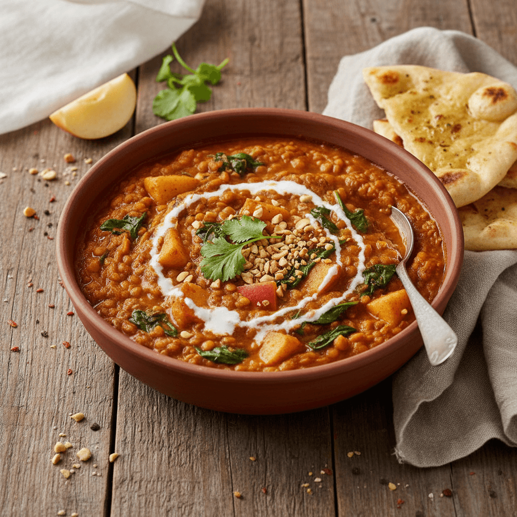 Rotes-Linsen-Curry mit Äpfeln und Spinat