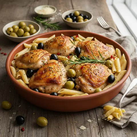 Poulet Rôti aux Olives et Penne