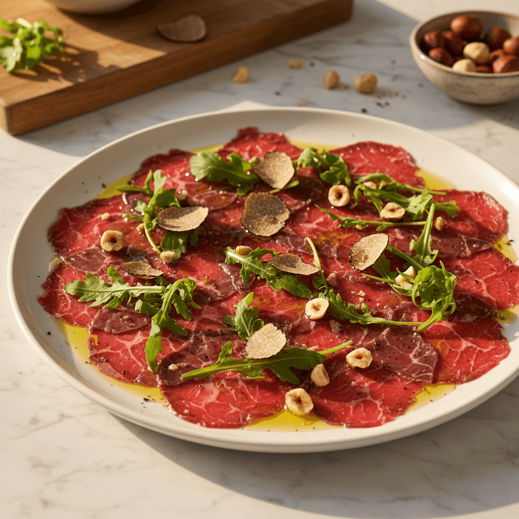Carpaccio de boeuf a la piemontaise, noisettes et truffe