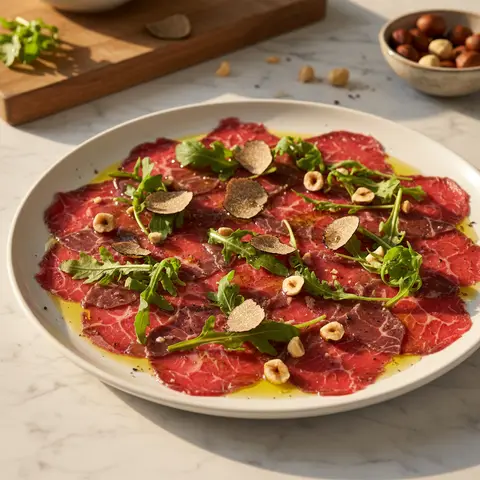 Carpaccio de boeuf a la piemontaise, noisettes et truffe