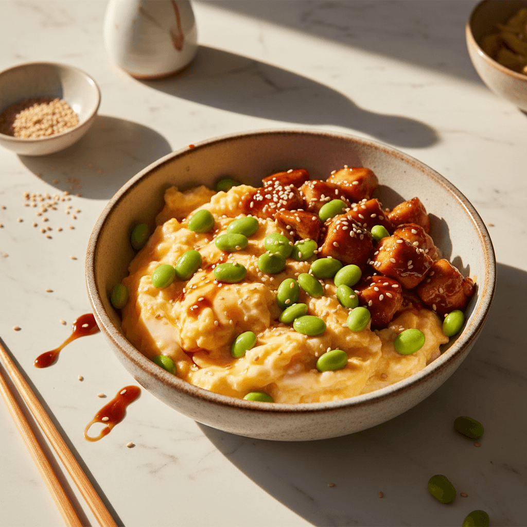 Oeufs brouillés au poulet teriyaki et edamame