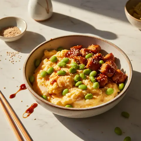 Oeufs brouillés au poulet teriyaki et edamame