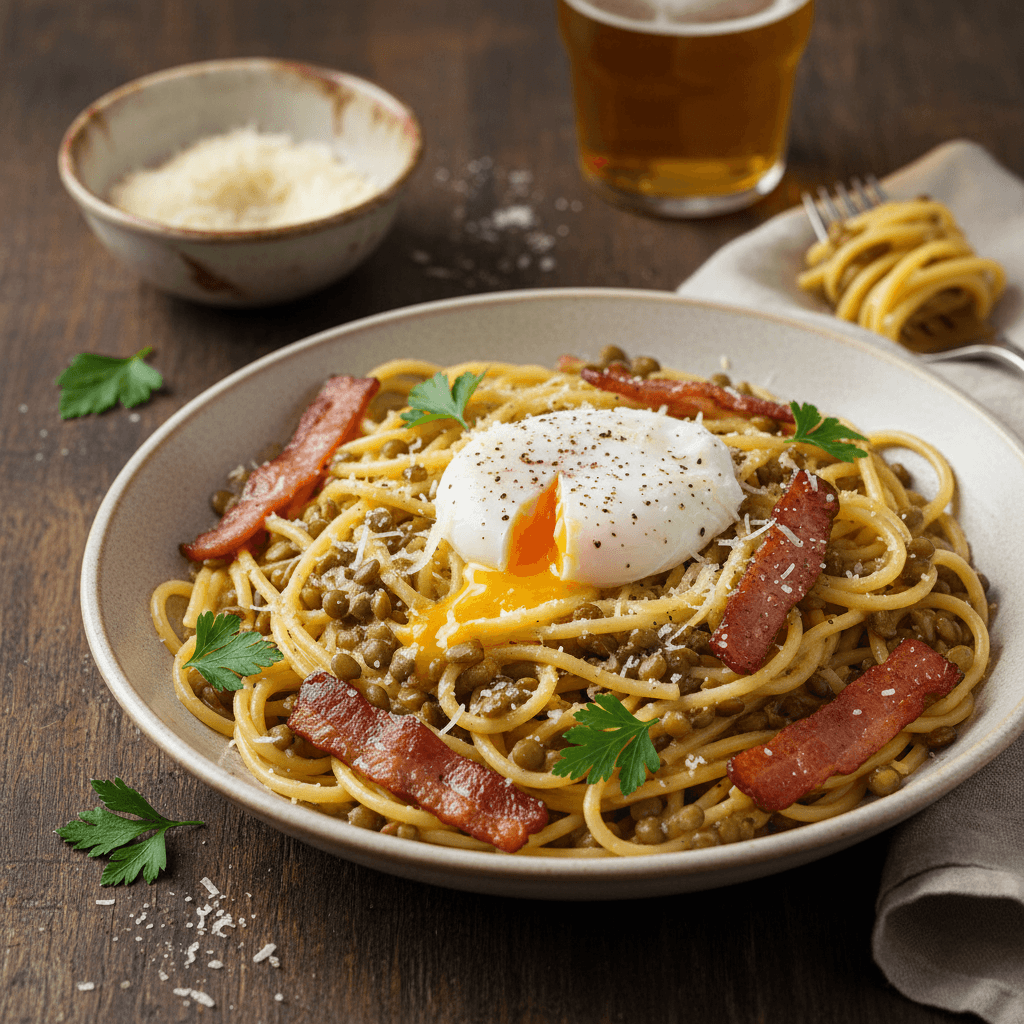 Überarbeitete Carbonara-Nudeln mit Linsen