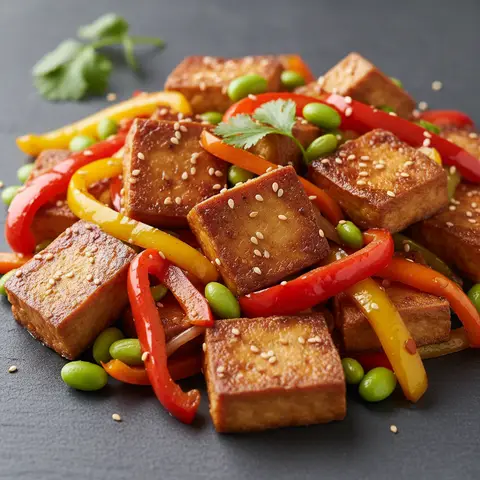 Tofu teriyaki express aux poivrons et edamame